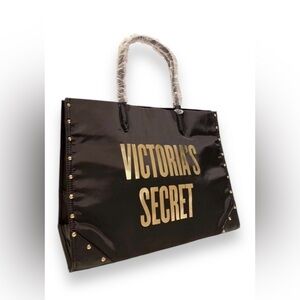 Victoria’s Secret Large Tote Nylon Shoulder Bag Carryall Logo Gold Chain Black